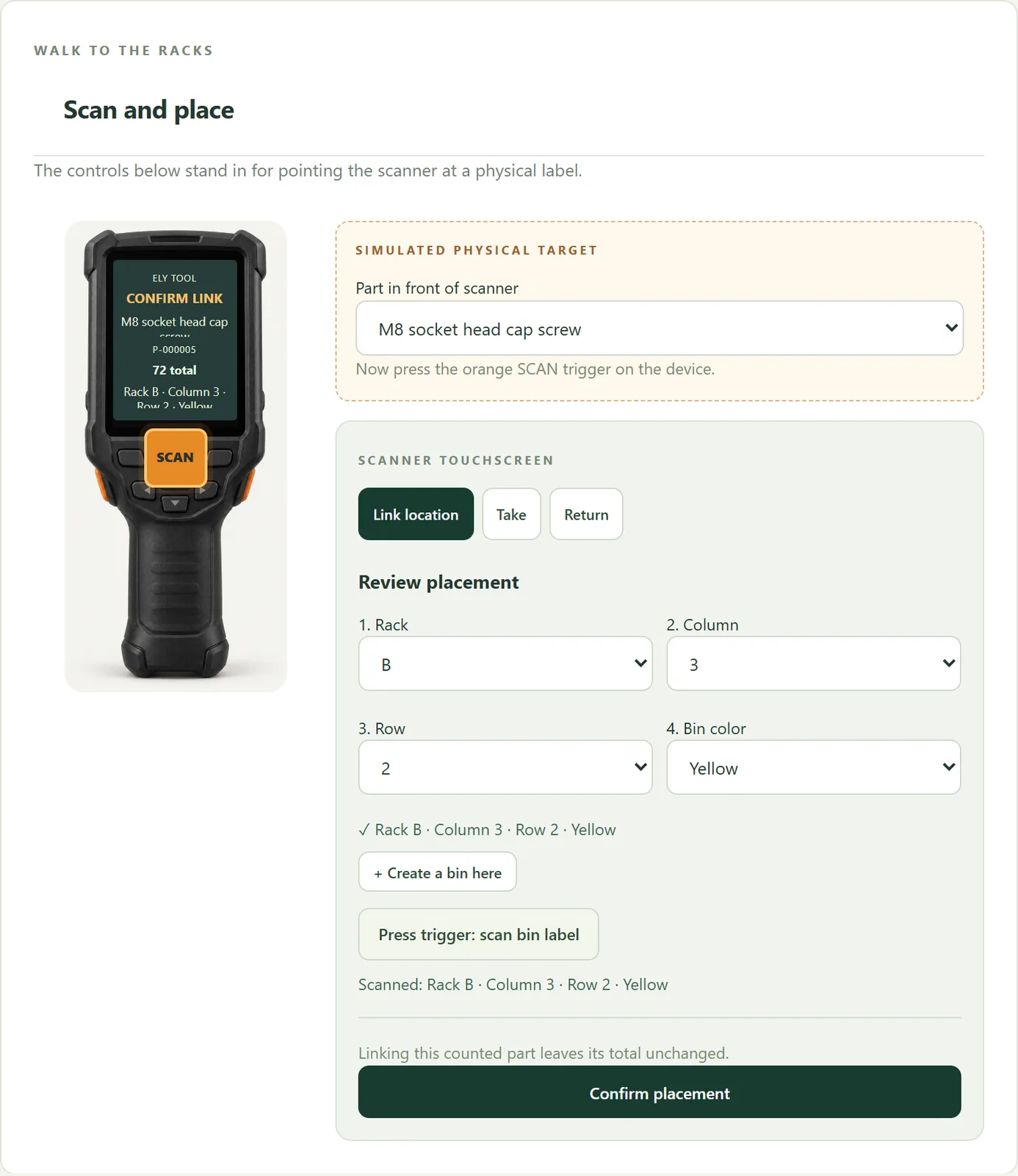 Scan and place: scan the part, then the bin's location label, then confirm. The scans are simulated on screen but go through the same lookup a real scanner would use.