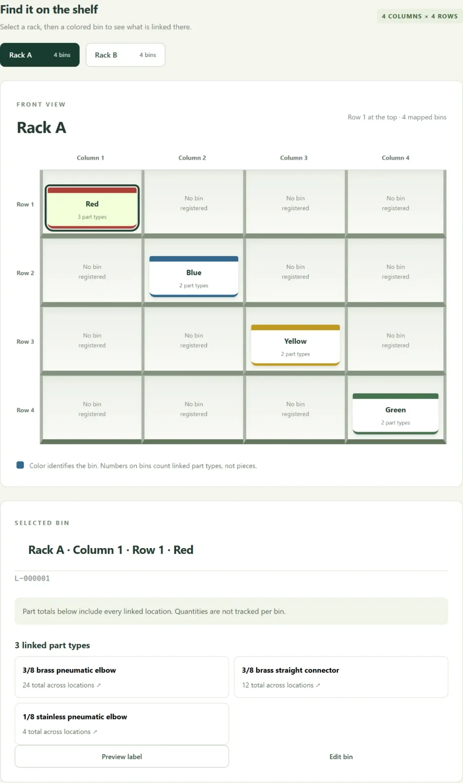 Storage map: a front view of each rack; click a bin to see which parts are linked to it. New bins can be added to open spots