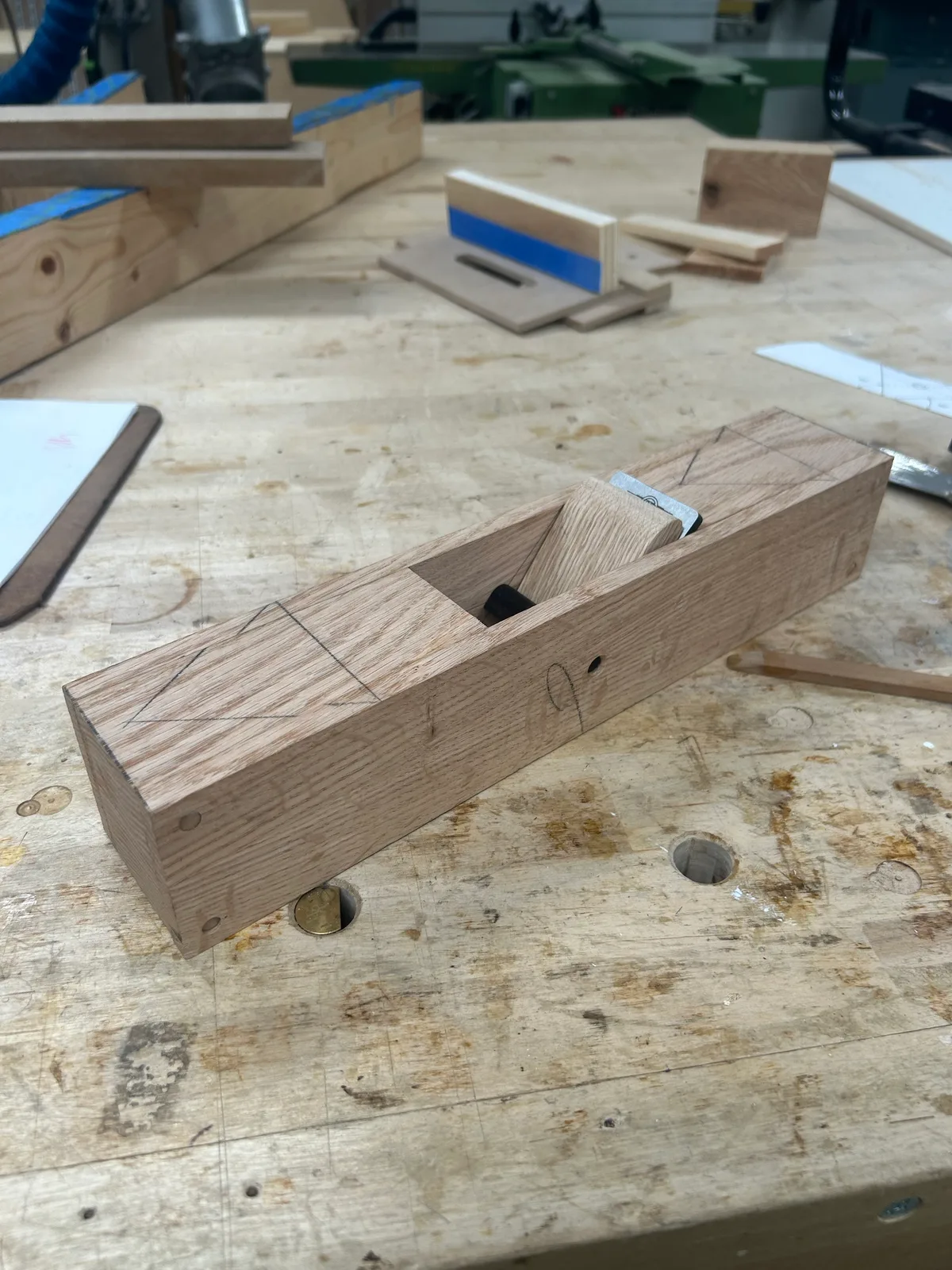 Glued-up body with the iron, wedge and cross-pin fitted, before shaping