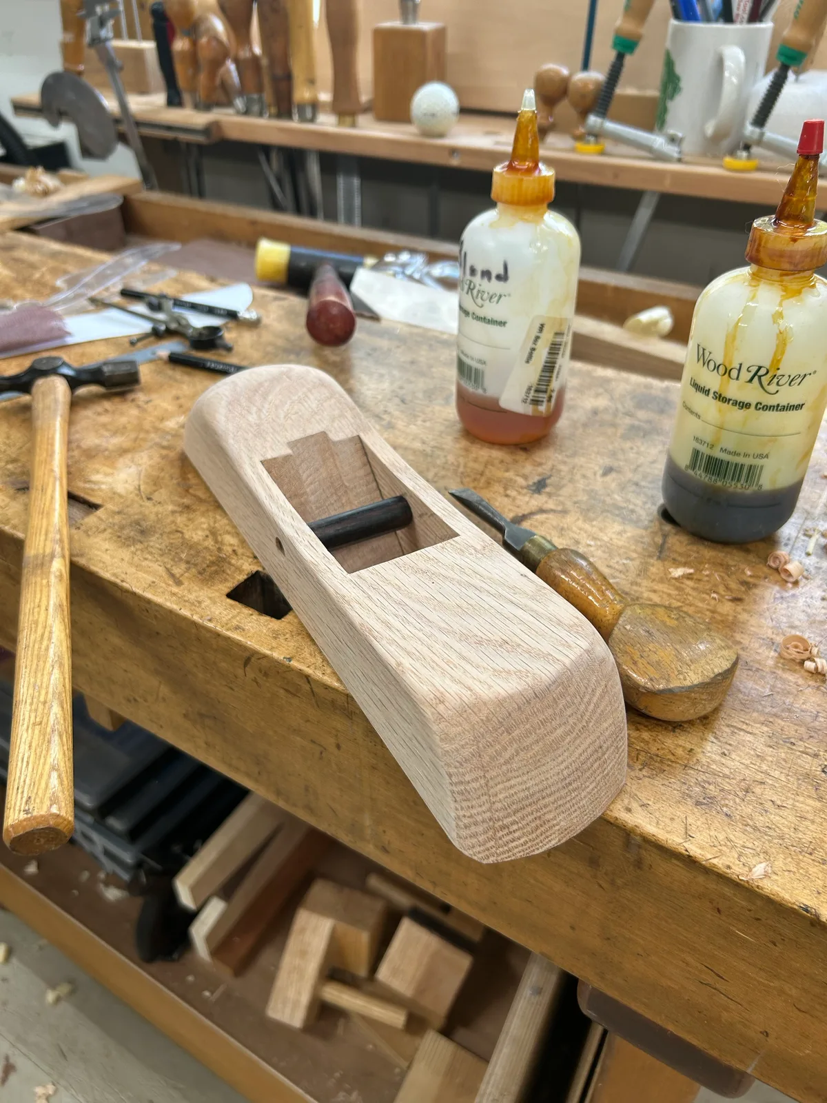 Shaped oak body with the cross-pin, before finishing