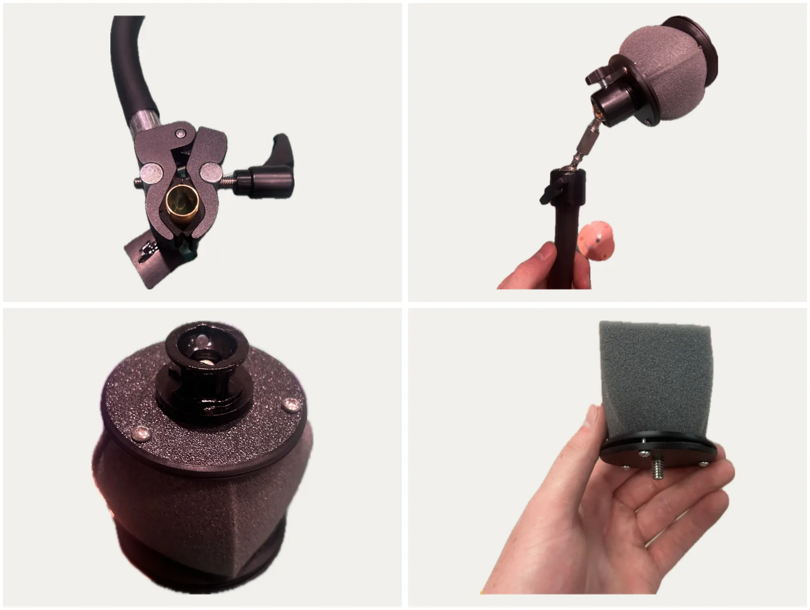 Close-ups, wheelchair to switch: rubber-lined clamp, ball-joint stack, foam clamp assembly, foam pad