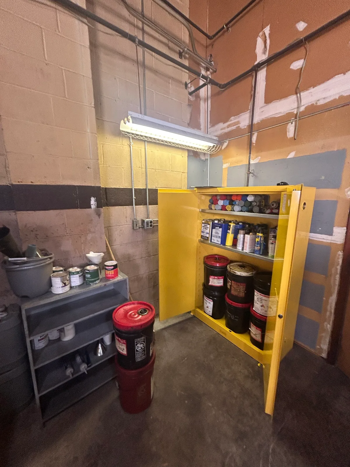After: the same corner with the plastics cleared and a flammables cabinet in their place, holding paints, solvents and oils.