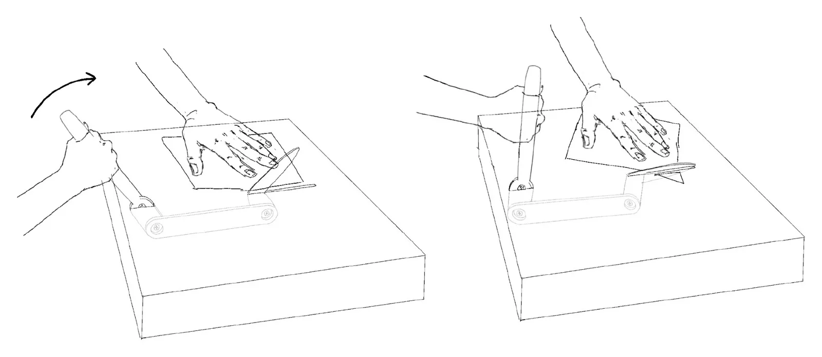 How it's used: one hand pushes the lever, the other guides the material.