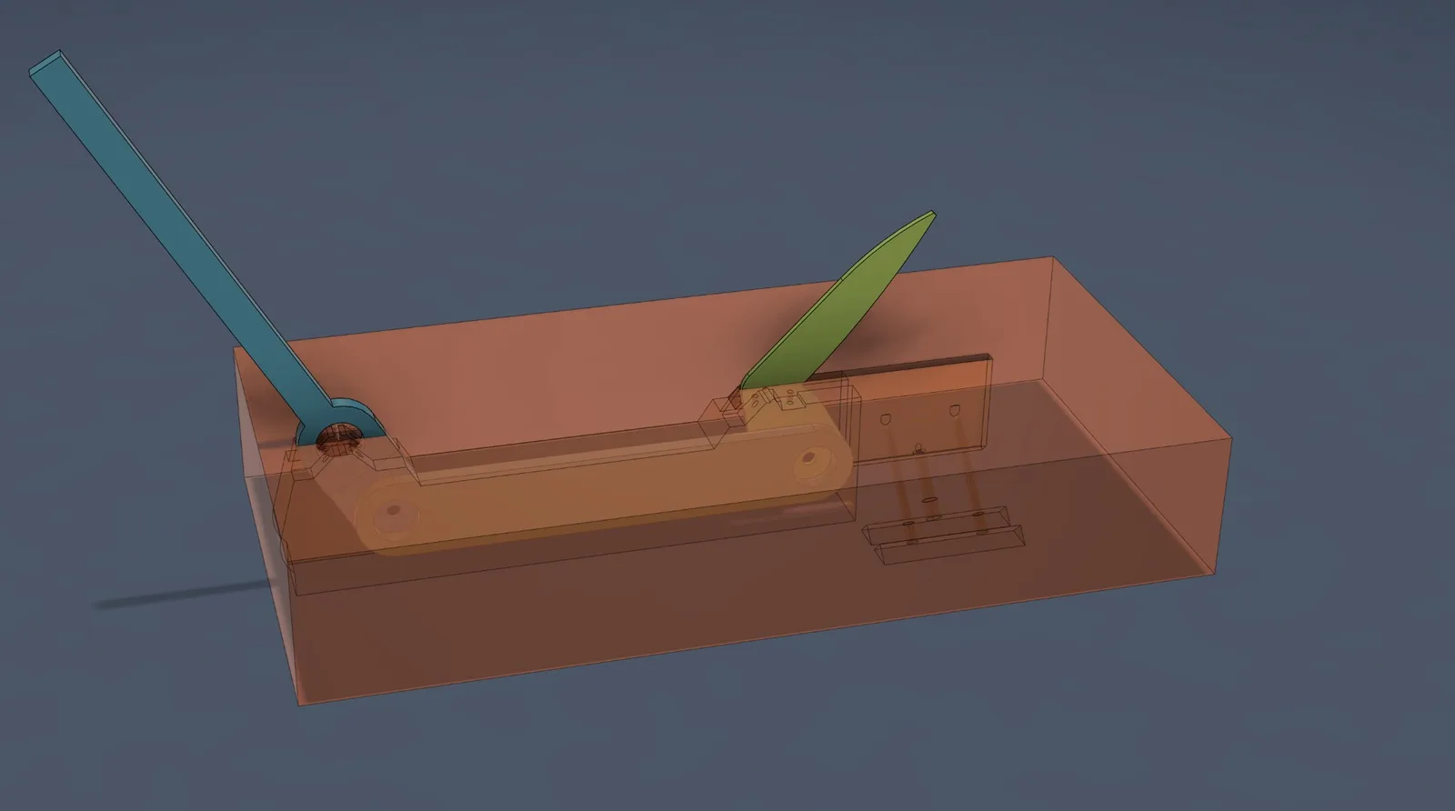 Fusion 360 model with the housing see-through: lever, connecting arms and blade.